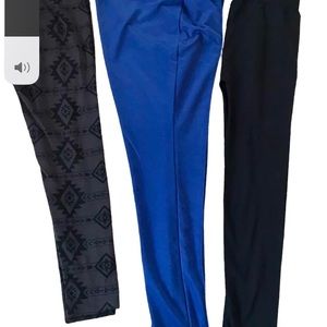 Three pairs Leggings, Med/Large, Charcoal, Blue, Black, mixed brands.